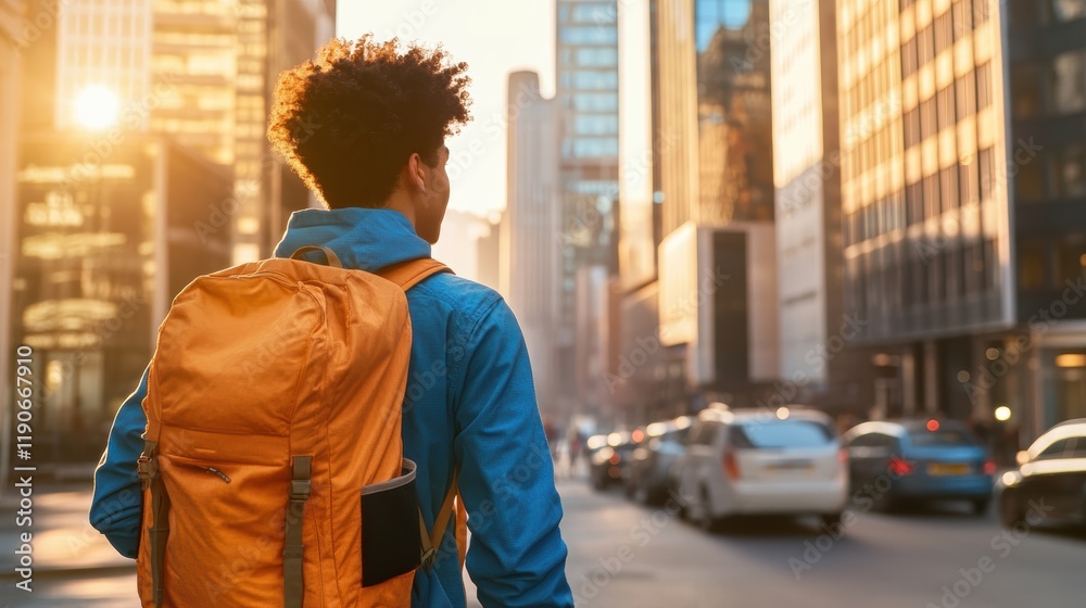Fototapeta premium Young Man Backpack Cityscape Sunrise - Golden Hour Photography