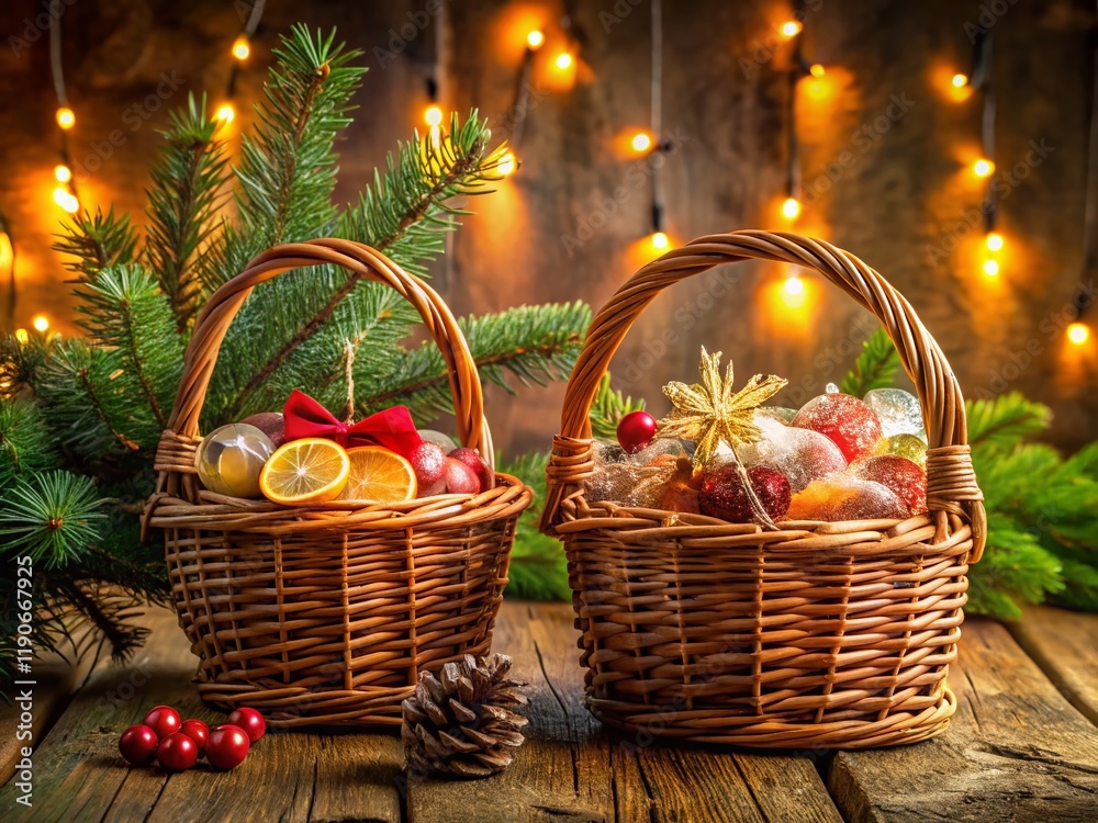 Cozy New Year's Gift Baskets: Fir Branches & Sweets in Low Light Cozy New Year's Gift Baskets: Fir Branches & Sweets in Low Light