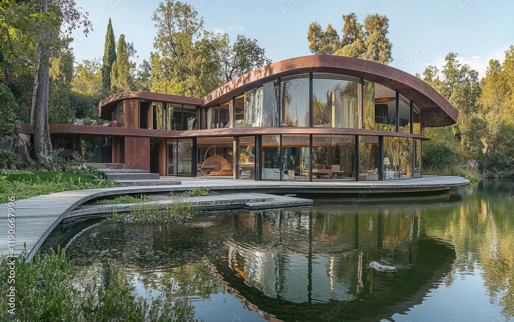 A contemporary lakeside home with a bold architectural design, featuring large open spaces and a private dock A contemporary lakeside home with a bold architectural design, featuring large open spaces and a private dock