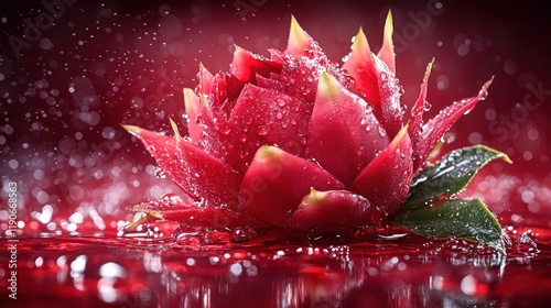 Red flower with water drops on red background.