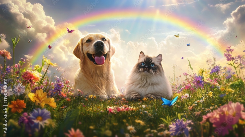 Obraz premium A cheerful Labrador retriever and a fluffy Persian cat sitting under a rainbow, surrounded by wildflowers, with a bright and sunny sky overhead.