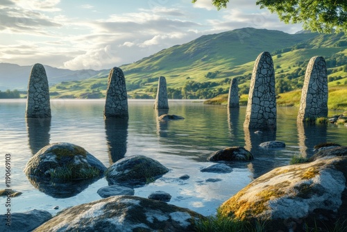 Stone Pillars Reflecting in Serene Lake Landscape at Sunset with Vibrant Colors