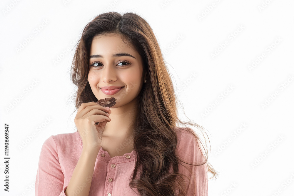 Beautiful Influence Girl with long hair and wearing a full sleeve tops, eating a chocolate bar. Beautiful Influence Girl with long hair and wearing a full sleeve tops, eating a chocolate bar.