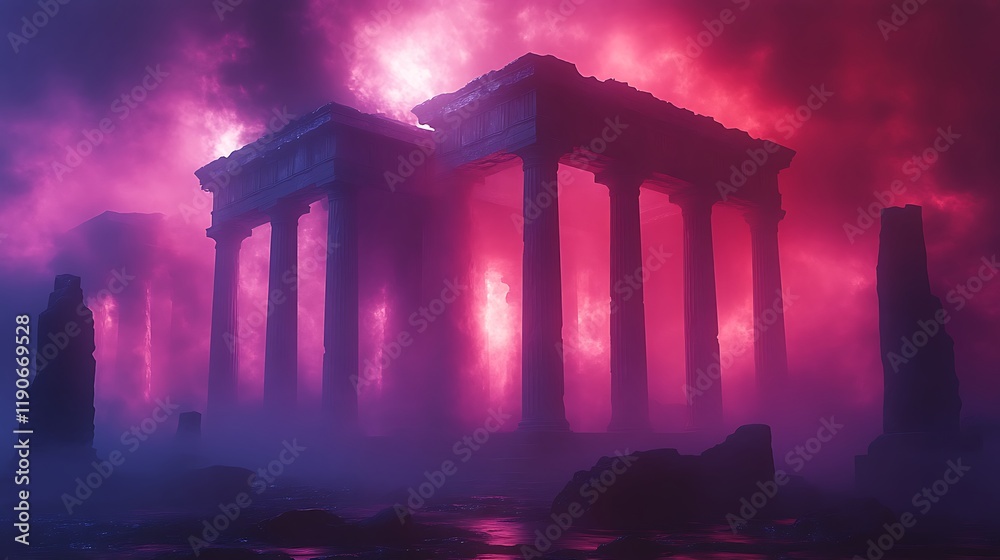 Naklejka premium Twilight Enchanted Ruins Pathway Dreamlike Full Moon Mystical Landscape Magic Photo