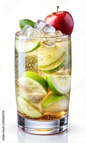 Vibrant Glass Fruit Filled, Ice Cold Beverage with Dew and Refreshing Moisture – Summer Refreshment With Ice Cubes Isolated on a White Background