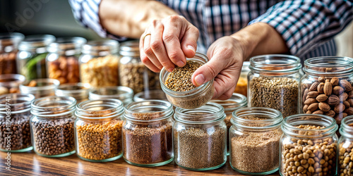 Fototapeta Naklejka Na Ścianę i Meble -  A person carefully sorts and measures spices from glass jars lined on a wooden table. The diverse spices reflect vibrant colors and textures, showcasing a culinary interest and preparation process