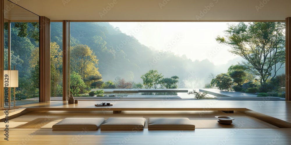 Fototapeta premium A serene open-plan living space with a blend of Scandinavian minimalism and Japanese zen elements