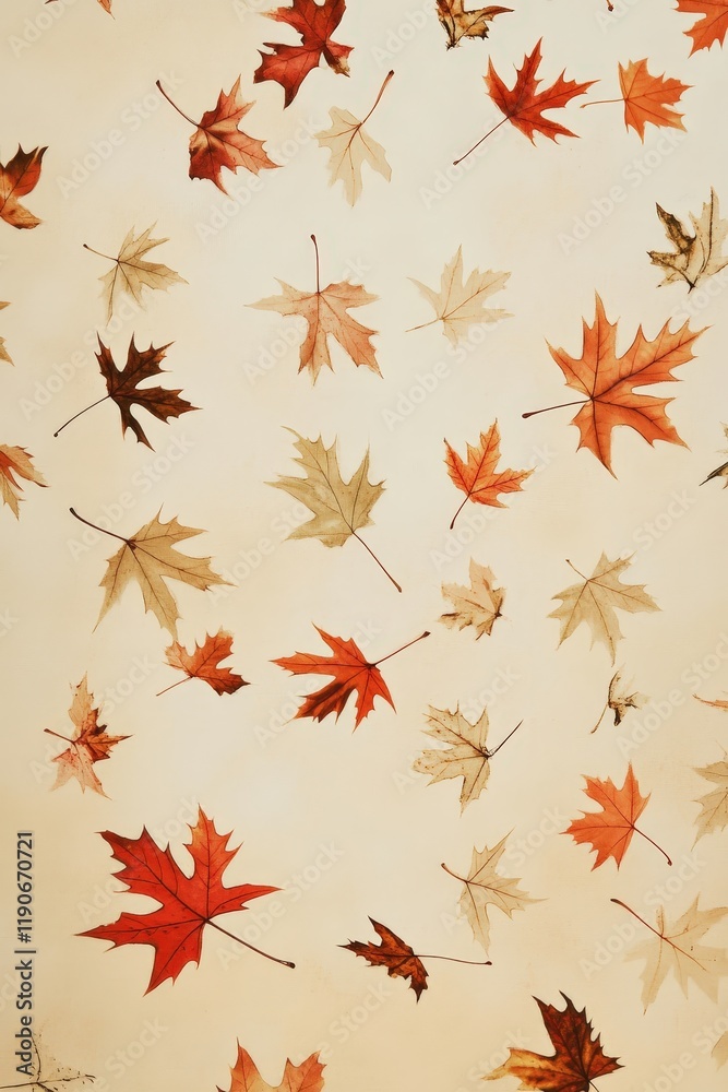 A serene pattern of maple leaves gently falling on a soft beige background