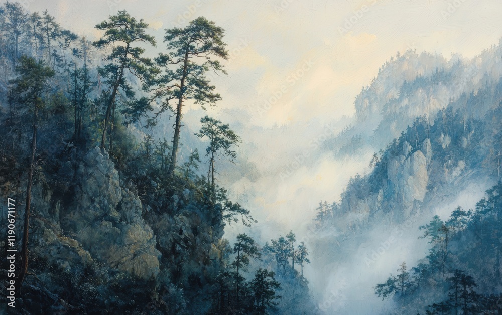 A dense pine forest on the slopes of a towering mountain, with a misty valley below A dense pine forest on the slopes of a towering mountain, with a misty valley below
