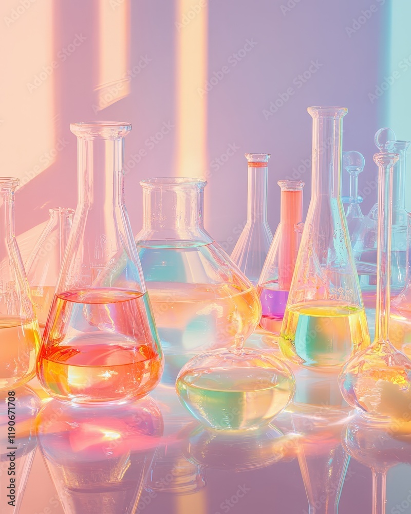 A serene photo of a chemistry experiment featuring beakers and flasks with colorful liquids A serene photo of a chemistry experiment featuring beakers and flasks with colorful liquids