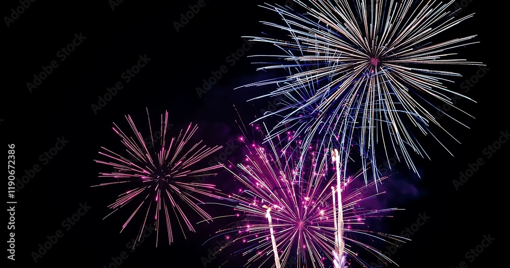 Fireworks, Holiday fireworks above water with reflection on the black sky background Fireworks, Holiday fireworks above water with reflection on the black sky background