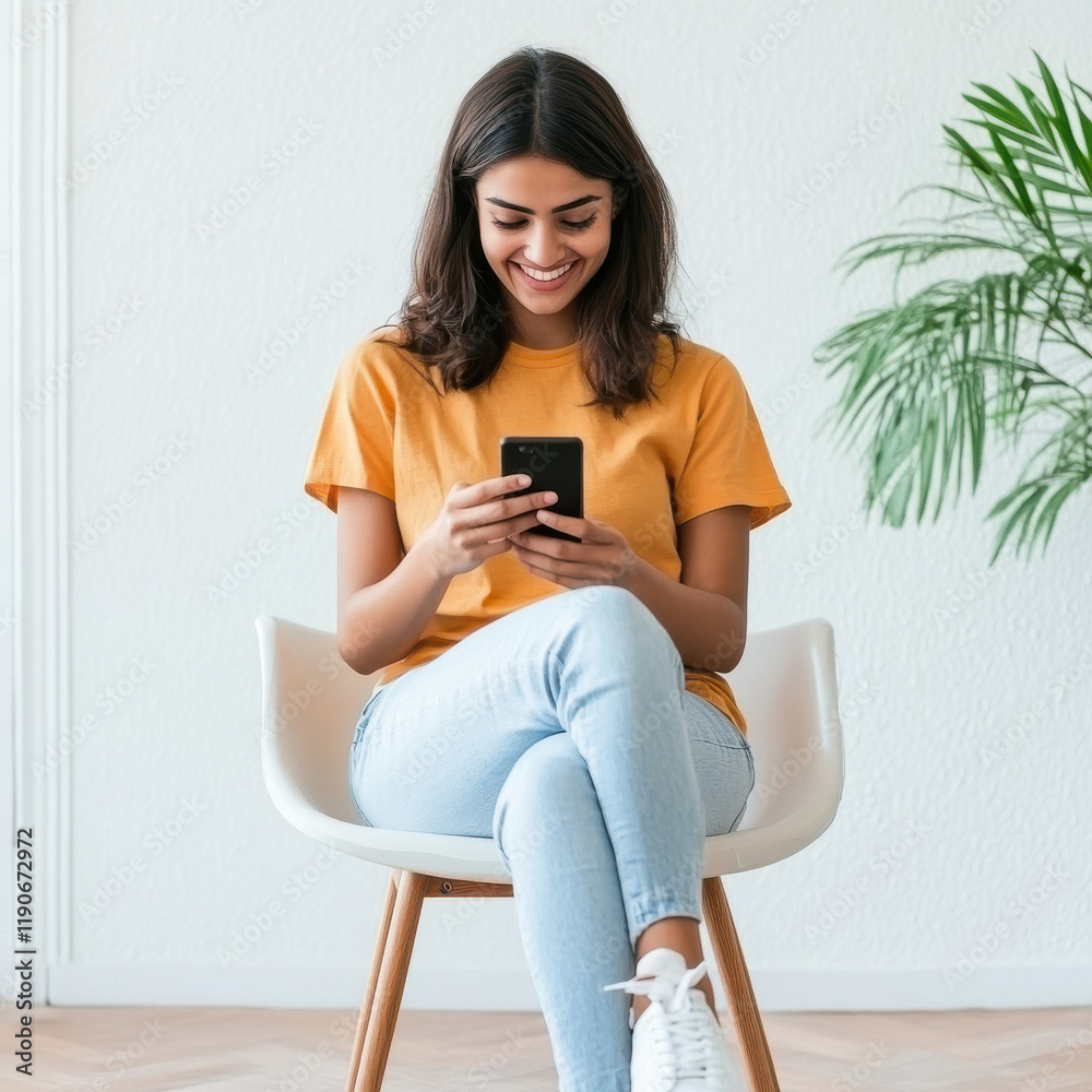 Obraz premium young woman sitting on white chair using smartphone