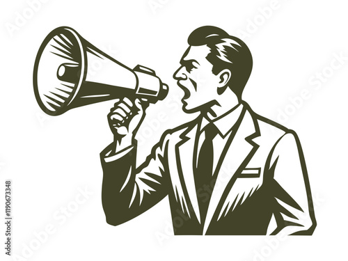 Business man speak on the megaphone, Isolated on white background.
