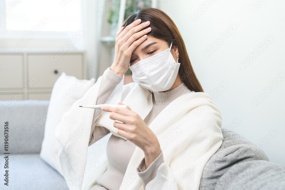 Sick, influenza asian young woman wearing face mask, have fever hand touching forehead, holding thermometer for check measure body temperature, illness while sitting rest on sofa at home. Health care. Sick, influenza asian young woman wearing face mask, have fever hand touching forehead, holding thermometer for check measure body temperature, illness while sitting rest on sofa at home. Health care.