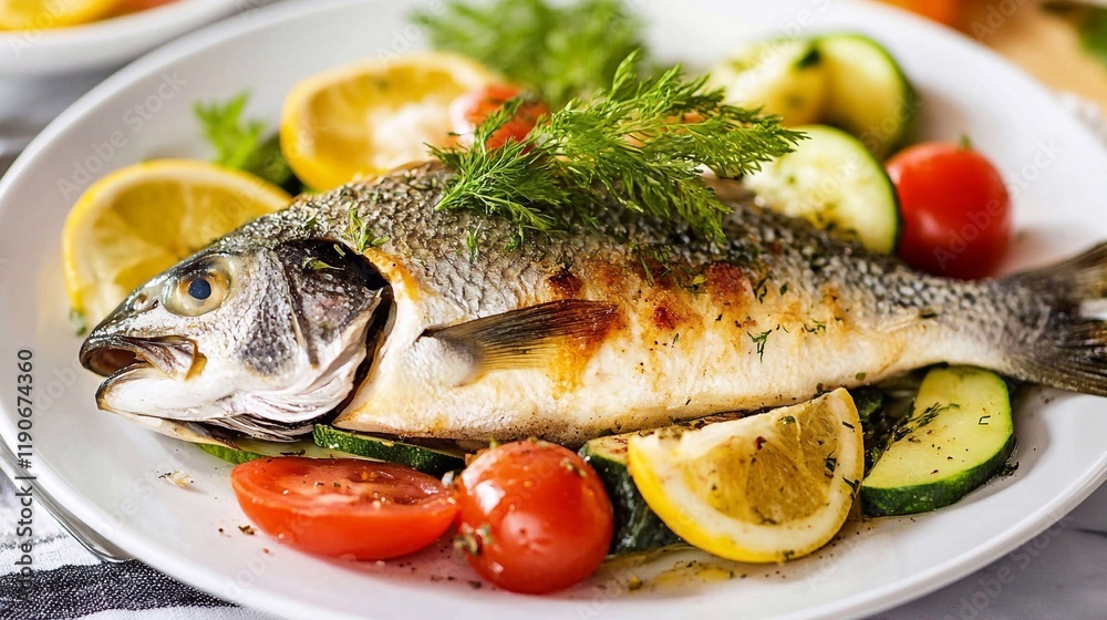 Dorado with vegetables. Healthy food. Restaurant dish. Generative AI. Dorado with vegetables. Healthy food. Restaurant dish. Generative AI.