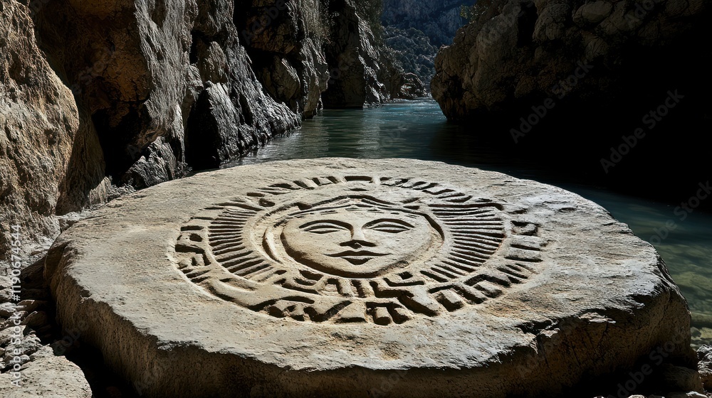 Intricately Carved Ancient Stone in Serene Mountain River Gorge Intricately Carved Ancient Stone in Serene Mountain River Gorge
