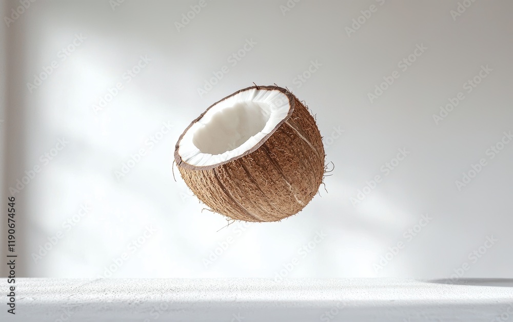 Fototapeta premium A fresh coconut half hovering dynamically mid-air with its white flesh detailed on a bright white backdrop