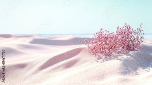 An Anacridium aegyptium sitting atop a dune in the Mediterranean, with fine grains of sand visible around it and a soft blue sky in the distance. photo