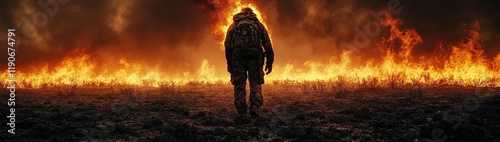 Cinematic Scene of Man in Dark Field with Burning Head, Surrounded by Smoke and Haze
