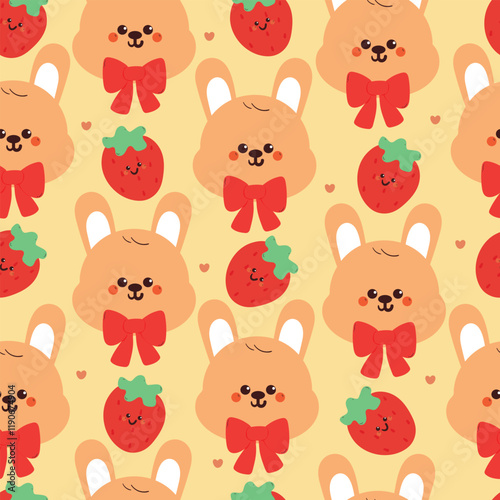 seamless pattern cute cartoon bunny with strawberry. cute animal drawing for wallpaper, pattern, background