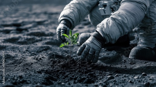 An astronaut planting a small sapling on the surface of Mars, with the red planet dusty terrain and Earth visible in the distant sky. photo