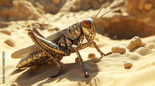 An Egyptian grasshopper (Anacridium aegyptium) perched on golden sand in the Mediterranean region, its detailed exoskeleton blending with the sandy tones under a warm sunlight. photo
