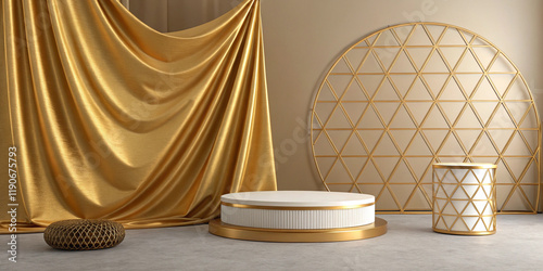 Luxurious 3D Gold Fabric Background with Geometric Shapes for Elegant Design