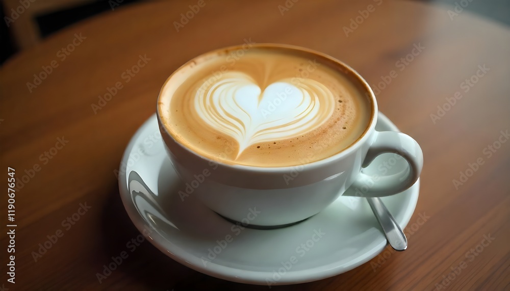 A cup of coffee with heart-shaped latte art on a wooden table.