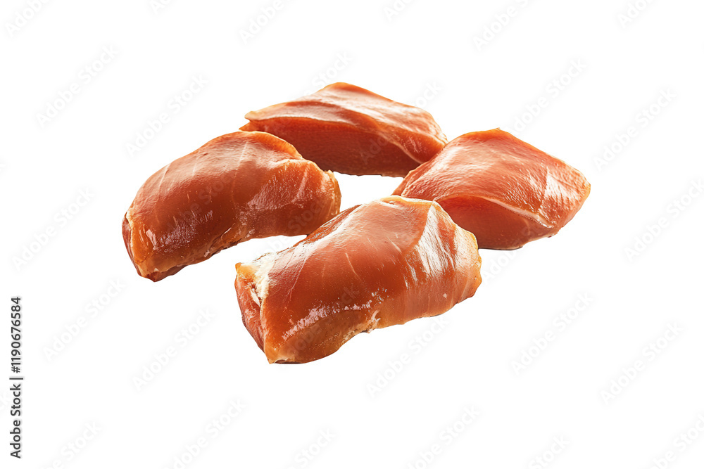 Four raw chicken pieces, studio shot, white background, food photography Four raw chicken pieces, studio shot, white background, food photography