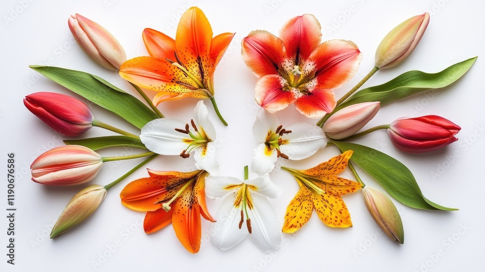 Fototapeta premium Vibrant Floral Arrangement of Colorful Lilies and Tulips in Harmony