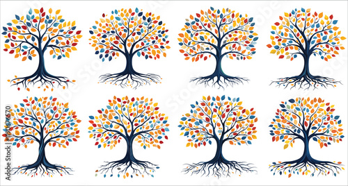 Abstract tree with roots and leaves, Tree with roots and multicolored leaves vector, Beautiful tree and roots, Abstract tree and colorful leaves