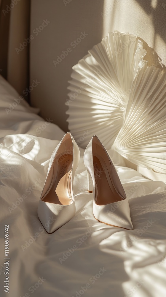 Glowing white stilettos catch the gentle rays of sunlight, placed gracefully on a luxurious silk surface, framed by a stylish fan that adds elegance. Glowing white stilettos catch the gentle rays of sunlight, placed gracefully on a luxurious silk surface, framed by a stylish fan that adds elegance.