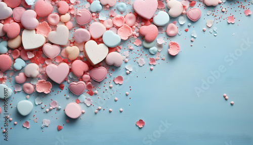 Delightful pastel heart-shaped macarons and sprinkles scattered on a light blue background, perfect for Valentine's Day or romantic themes.