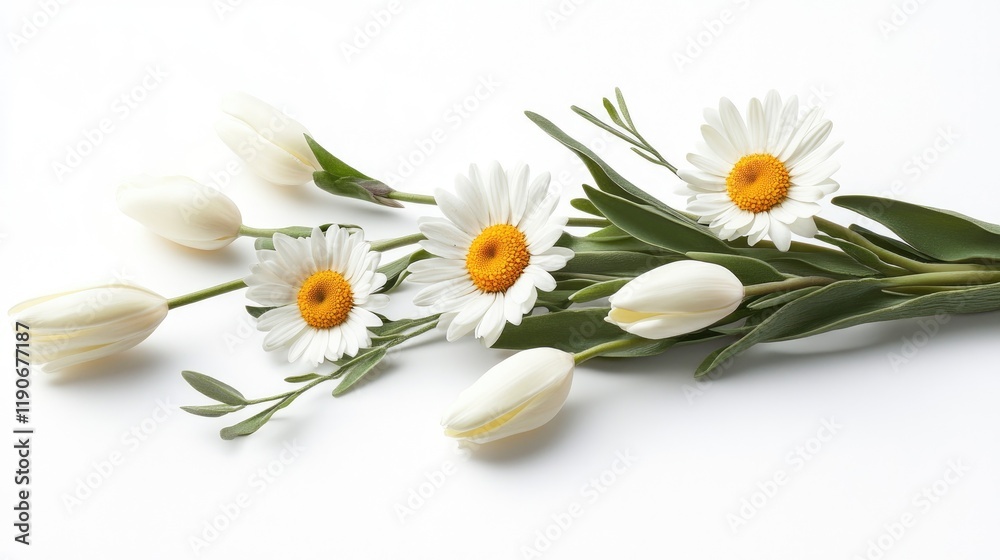 Fototapeta premium Fresh White Flowers with Green Leaves on White Background