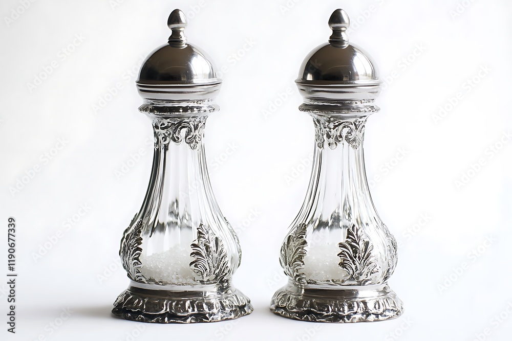 Modern retro salt and pepper shakers with ornate glass and sleek metal tops, isolated on a pristine white backdrop, high definition Modern retro salt and pepper shakers with ornate glass and sleek metal tops, isolated on a pristine white backdrop, high definition