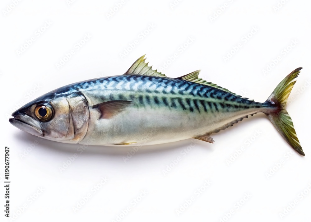 Naklejka premium Minimalist Mackerel Still Life: Silver Fish on White Background