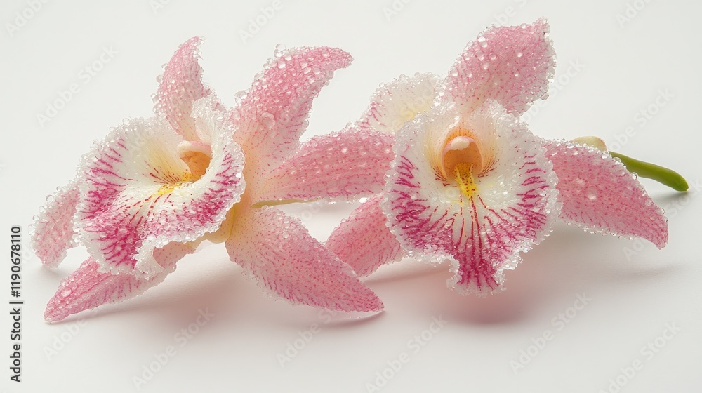 Fototapeta premium Elegant Pink Orchids with Water Droplets on White Background