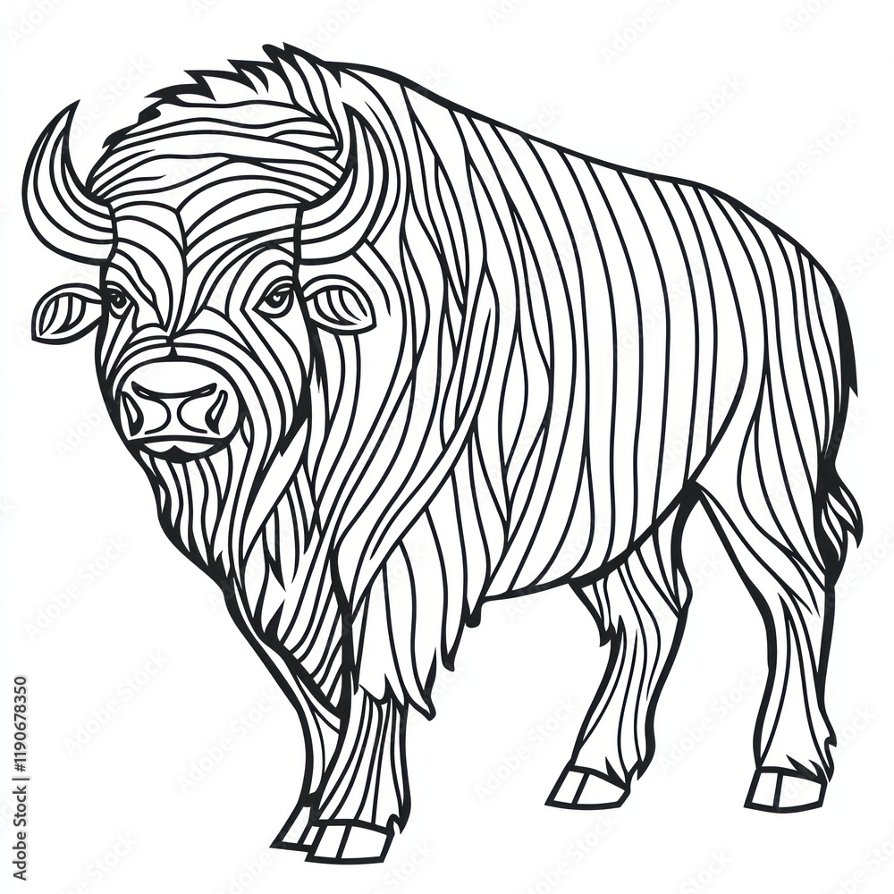 Striped bison illustration, nature art, coloring page, white background, design element