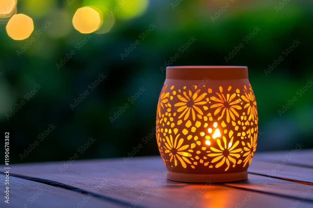 Beautiful decorative lantern casting warm light in a serene garden setting, creating a cozy atmosphere with intricate floral designs and gentle bokeh background.