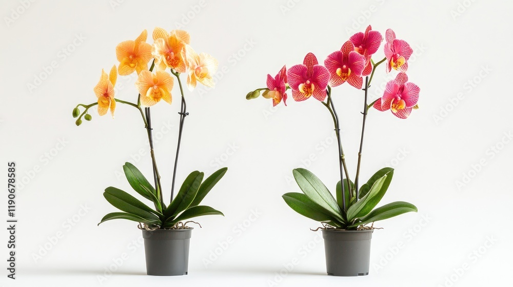 Fototapeta premium Beautiful Orchid Plants in Pots with Vibrant Colors and Petals