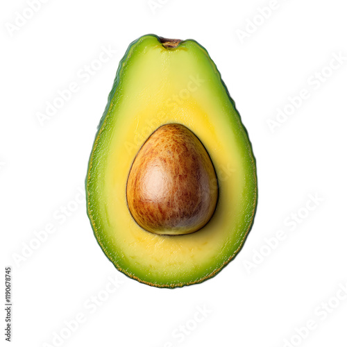 Closeup of Ripe Avocado Sliced in Half Revealing Its Pit and Creamy Green Flesh on White Background