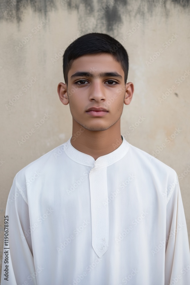 Obraz premium A young man wearing a white shirt and a white scarf stands in front of a wall. He has a serious expression on his face