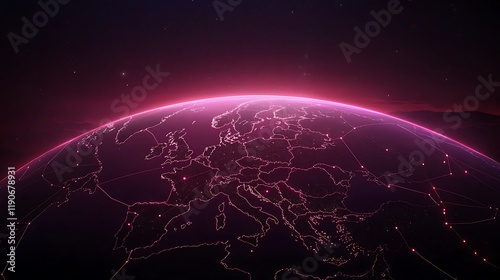 A vibrant digital representation of Europe at night, showcasing interconnected networks and data flow