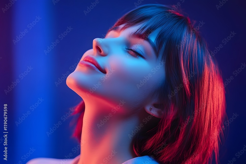 Fototapeta premium Serene Woman Neon Portrait Red Blue Light Closed Eyes Calm