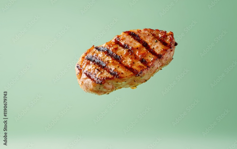 A grilled pork chop with charred marks and apple sauce floating dynamically on a pastel green backdrop A grilled pork chop with charred marks and apple sauce floating dynamically on a pastel green backdrop