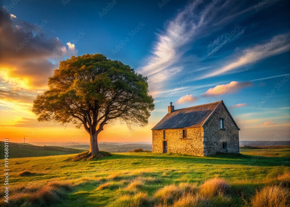 Minimalist Old English Farmhouse, Rustic Countryside Home, Idyllic Rural Scene Minimalist Old English Farmhouse, Rustic Countryside Home, Idyllic Rural Scene