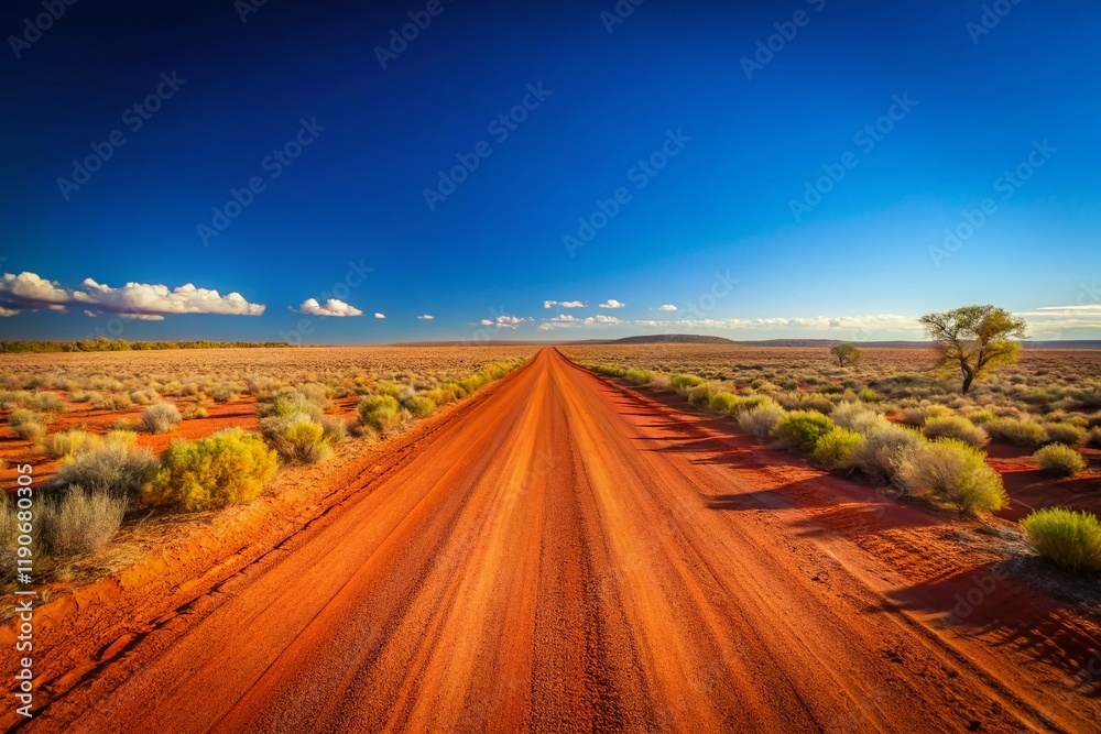 Fototapeta premium Minimalist Outback Road: Lone Dirt Track Through Australian Desert Landscape