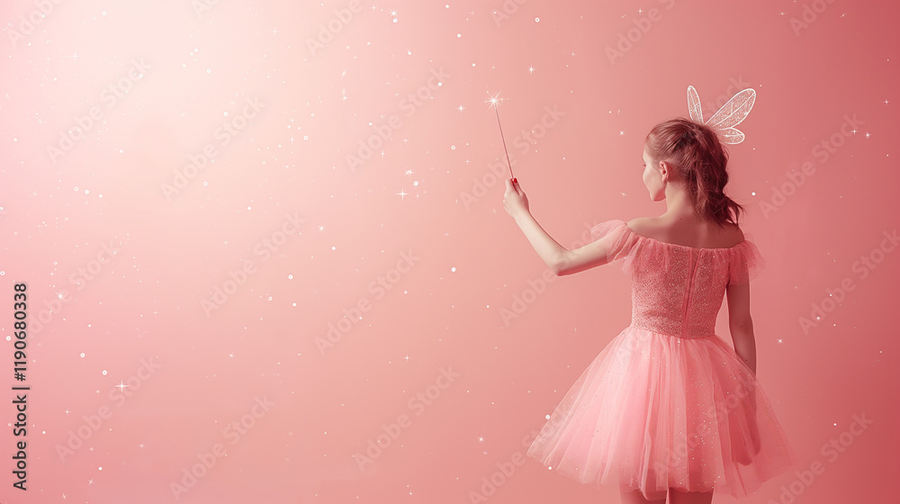 Fairy waving wand on pastel pink background with copyspace - magical design Fairy waving wand on pastel pink background with copyspace - magical design