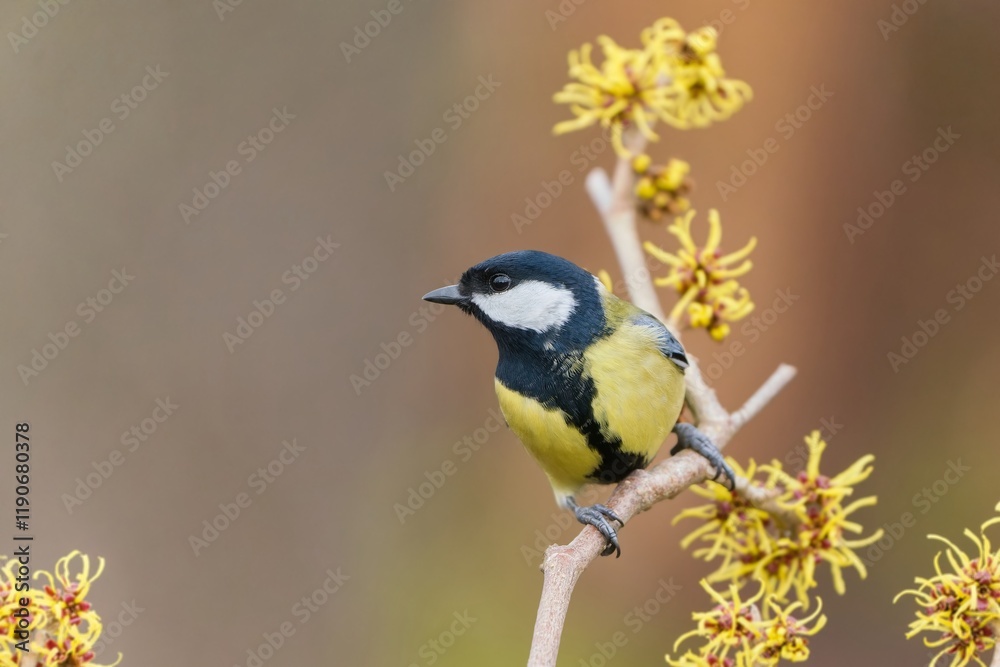 Obraz premium Parus major. Portrait of a cute titmouse. Wildlife scene with a tit. A great tit tit sitting on the flowering twig.