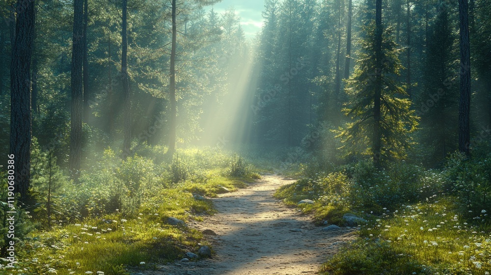 Fototapeta premium Sunbeams illuminate a misty forest path.